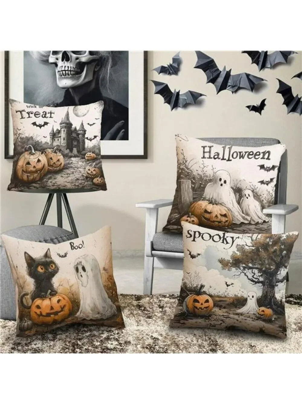 Halloween Pillow Covers 18x18 Set of 4 Trick or Treat Pumpkin Ghost Sofa Decor